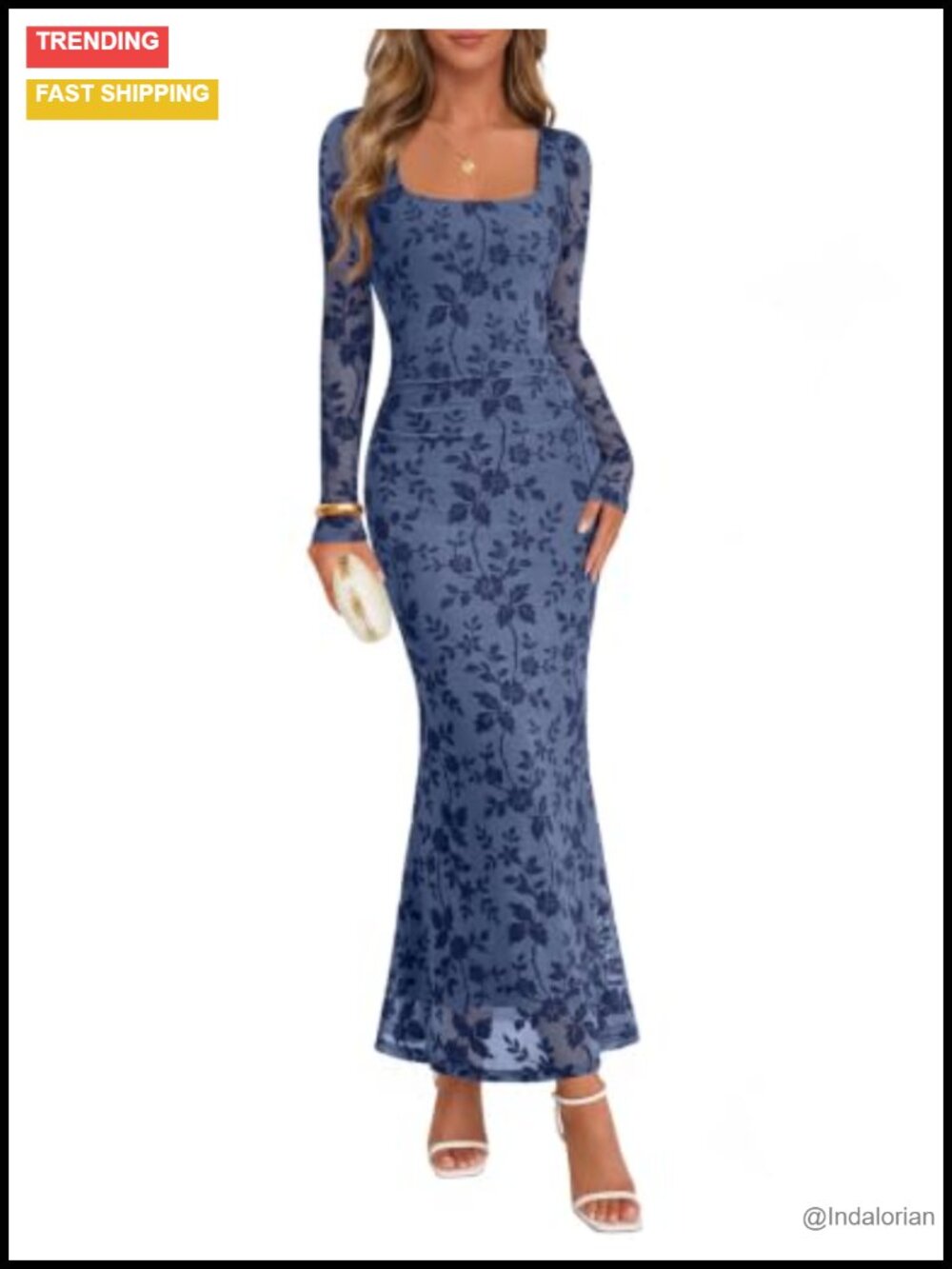 Flocked Floral Mesh Maxi Dress Square Neck Mermaid Wedding Guest Cocktail